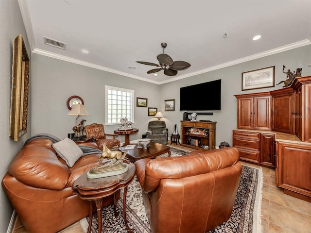 living room featuring ceiling fan and ornamental molding