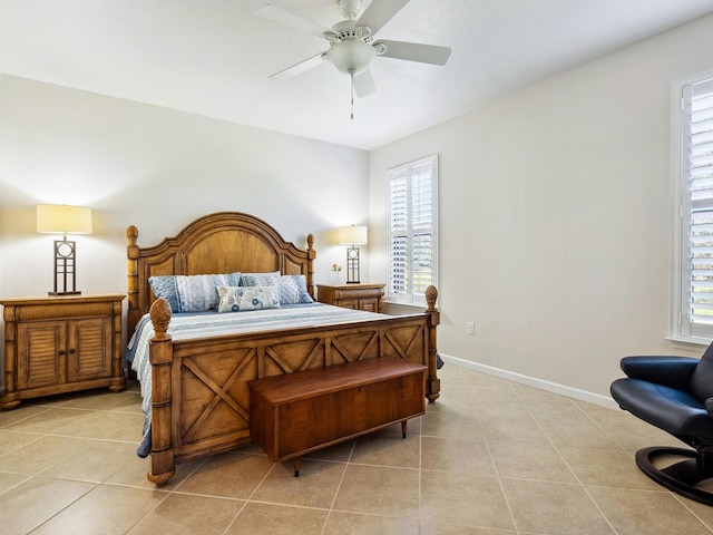 bedroom with light tile patterned floors and ceiling fan