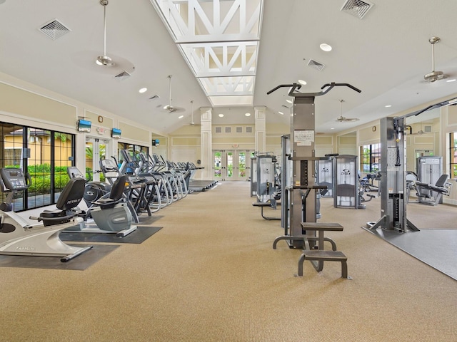 exercise room with lofted ceiling