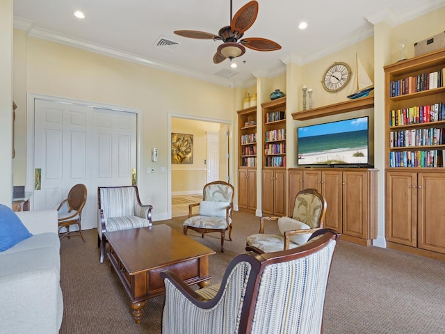 living room with crown molding, dark carpet, built in features, and ceiling fan