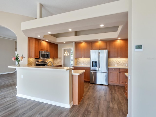 kitchen featuring appliances with stainless steel finishes, dark hardwood / wood-style floors, and a raised ceiling