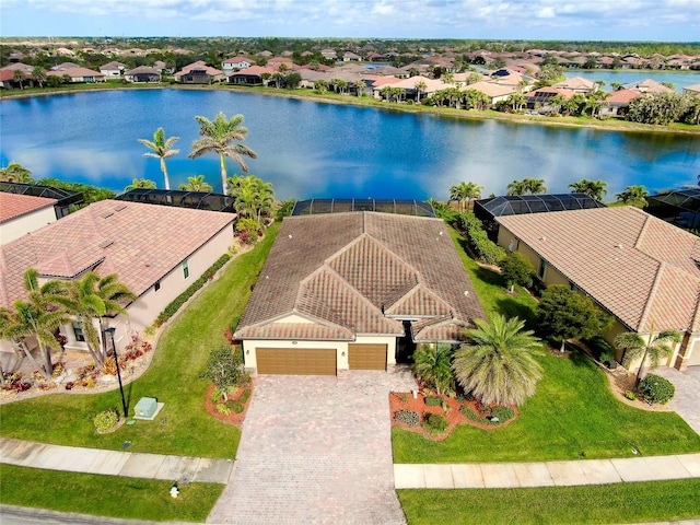 aerial view featuring a water view