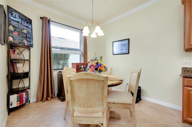 tiled dining space with crown molding and a chandelier