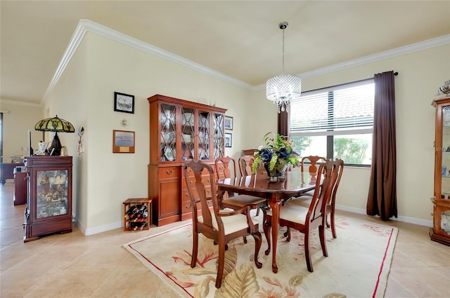 dining area with crown molding, a notable chandelier, and light tile patterned floors