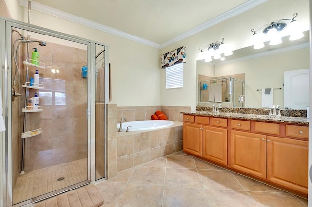 bathroom with vanity, tile patterned flooring, ornamental molding, and plus walk in shower