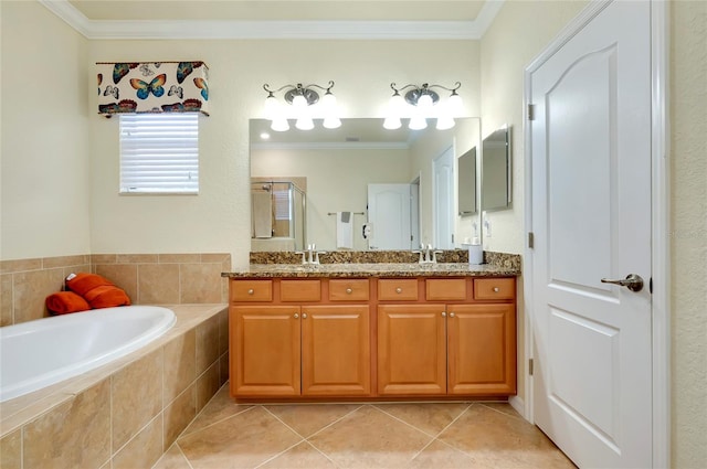 bathroom featuring ornamental molding, plus walk in shower, tile patterned floors, and vanity