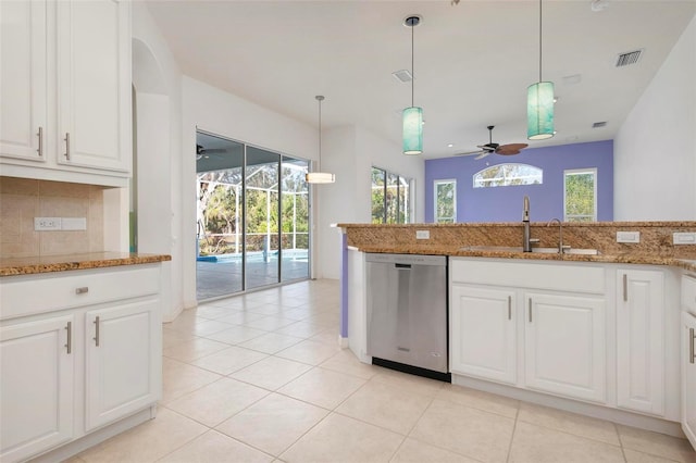 kitchen with white cabinetry, dishwasher, sink, and light stone counters