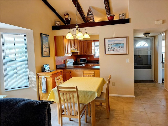 dining room featuring beamed ceiling, a chandelier, high vaulted ceiling, and light tile patterned floors