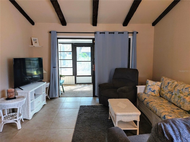 tiled living room with beam ceiling