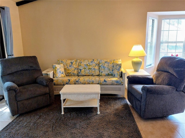 living room with tile patterned flooring