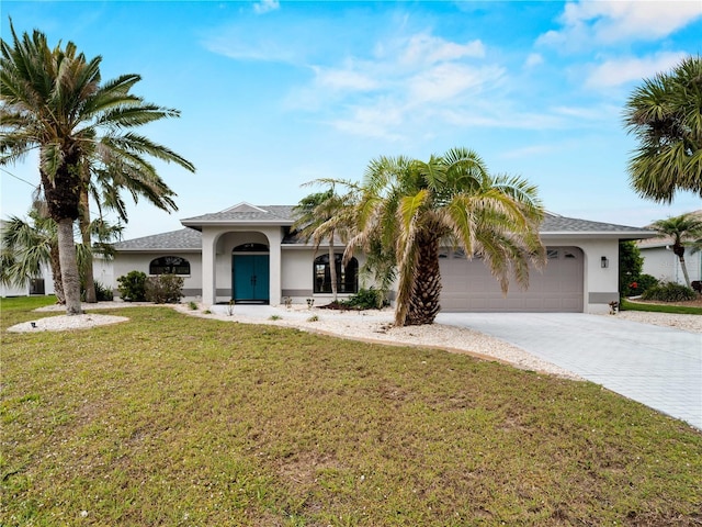 view of front facade with a front lawn, driveway, an attached garage, and stucco siding