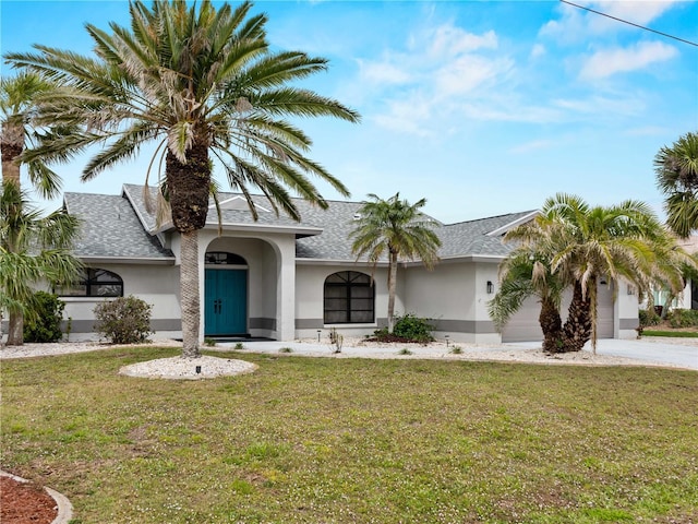 view of front of house with a garage, a shingled roof, and stucco siding