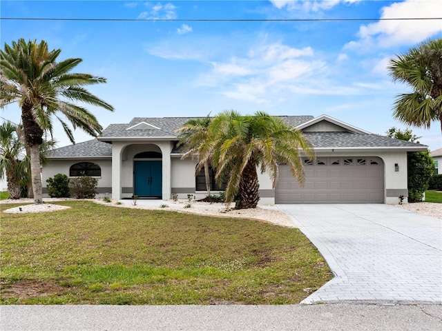 view of front of property featuring decorative driveway, stucco siding, a shingled roof, a front yard, and a garage