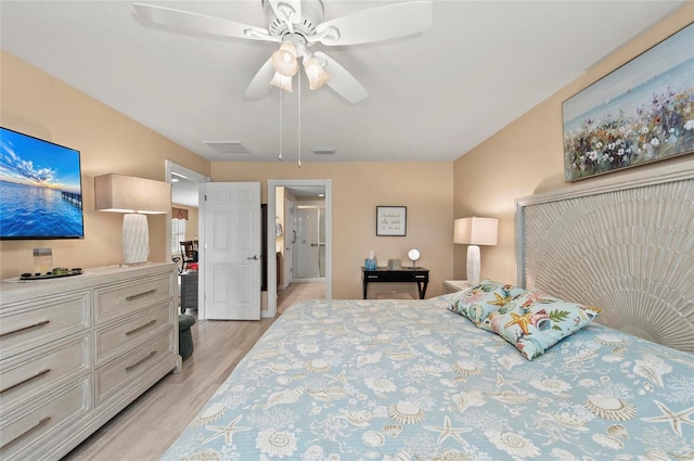 bedroom with light hardwood / wood-style flooring and ceiling fan