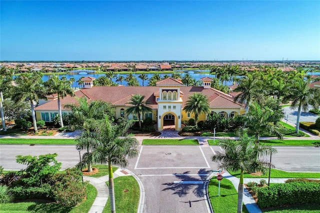 drone / aerial view with a water view