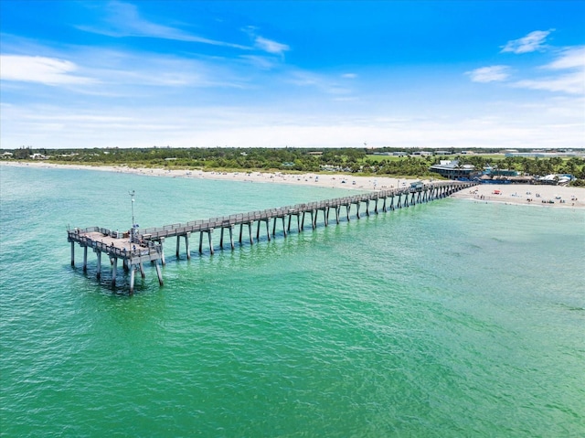 drone / aerial view featuring a pier and a water view