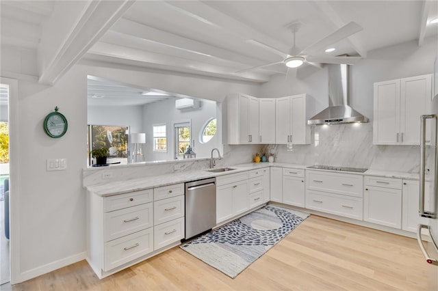 kitchen featuring a sink, white cabinets, wall chimney range hood, stainless steel dishwasher, and backsplash