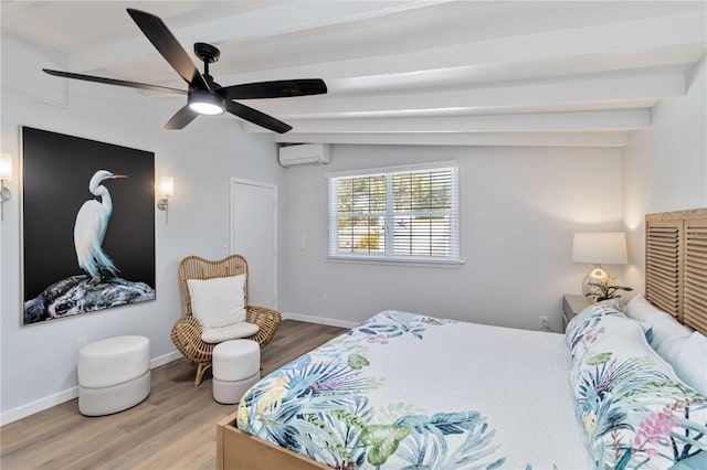 bedroom featuring lofted ceiling with beams, baseboards, wood finished floors, and a wall mounted air conditioner