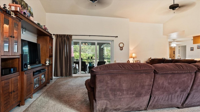 carpeted living room featuring ceiling fan