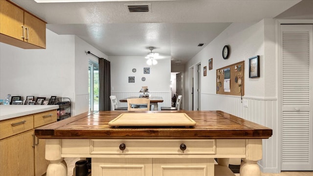 kitchen featuring ceiling fan, butcher block counters, and a textured ceiling