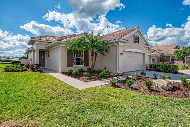 mediterranean / spanish home featuring a garage and a front lawn