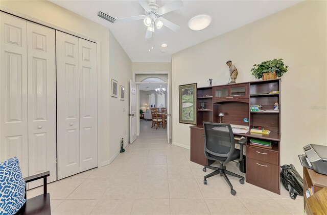 office space featuring ceiling fan and light tile patterned flooring