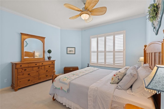 bedroom with light carpet, a ceiling fan, and crown molding