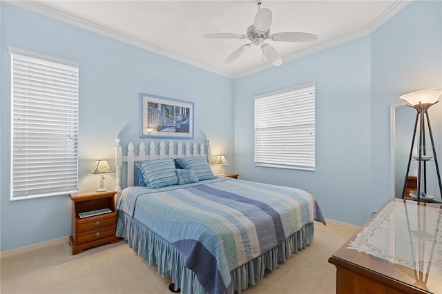 bedroom featuring light carpet, ceiling fan, ornamental molding, and baseboards