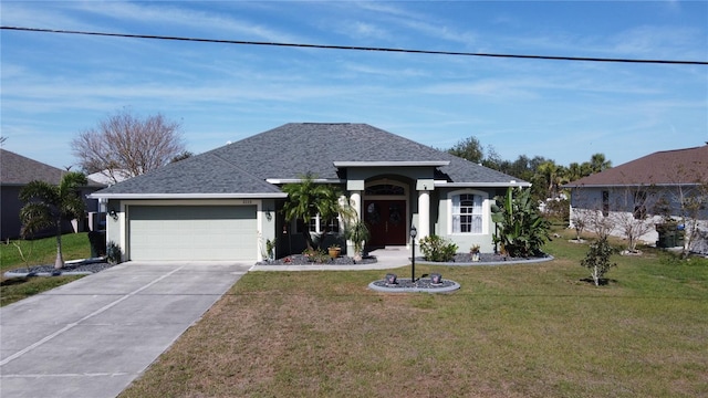 single story home featuring a front yard, stucco siding, a shingled roof, concrete driveway, and a garage