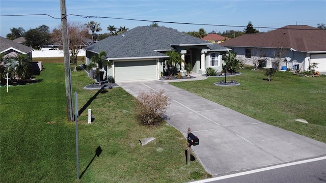 ranch-style home featuring concrete driveway, an attached garage, a front yard, and a shingled roof