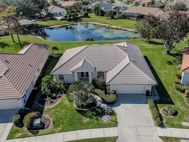 aerial view featuring a water view