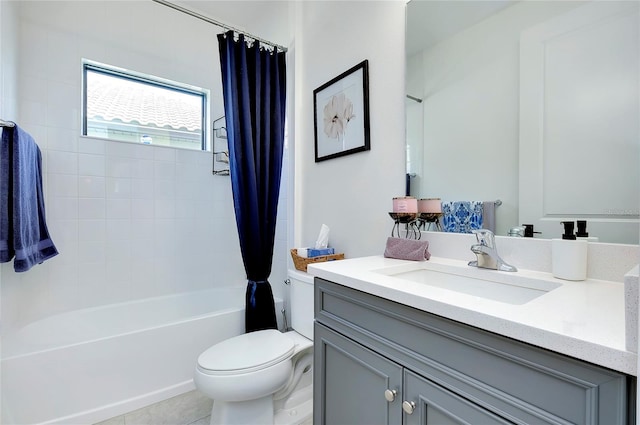 full bathroom with shower / bath combo, vanity, toilet, and tile patterned floors