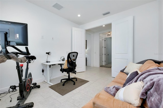 home office with light tile patterned floors, baseboards, visible vents, and recessed lighting