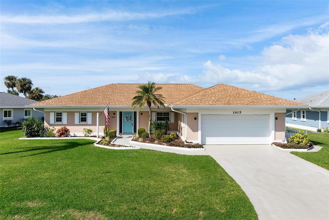 ranch-style house with concrete driveway, a front lawn, an attached garage, and stucco siding