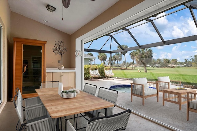 1915 Pebble Beach Ct, Venice, FL 34293 - view of patio / terrace featuring a swimming pool, glass enclosure, ceiling fan, view of golf course, and an outdoor living space