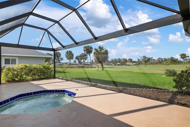 1915 Pebble Beach Ct, Venice, FL 34293 - view of swimming pool with a lawn, a patio area, glass enclosure, and golf course view