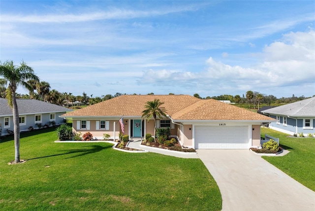 1915 Pebble Beach Ct, Venice, FL 34293 - ranch-style home featuring a front yard, an attached garage, concrete driveway, and stucco siding