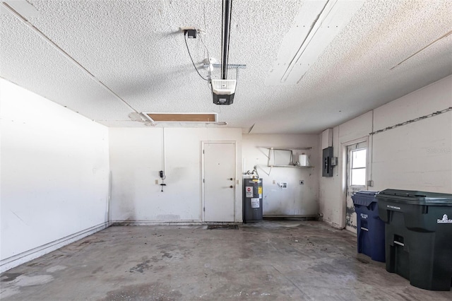 garage featuring electric panel, electric water heater, and a garage door opener