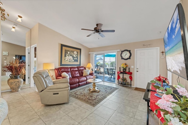 3300 Loveland Blvd Unit 1201, Punta Gorda, FL 33980 - living room with vaulted ceiling, ceiling fan, and light tile patterned floors