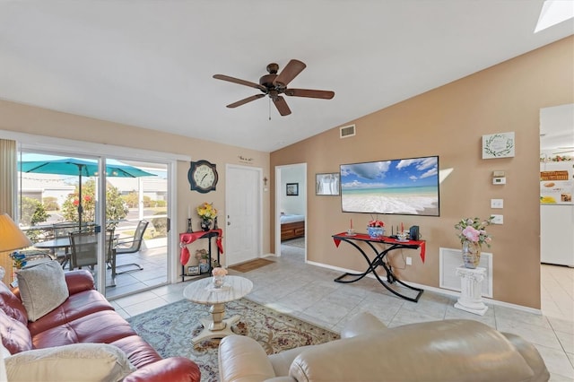 3300 Loveland Blvd Unit 1201, Punta Gorda, FL 33980 - living room featuring lofted ceiling, ceiling fan, light tile patterned floors, visible vents, and baseboards