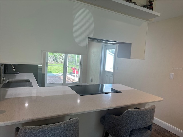 kitchen featuring baseboards, light countertops, a sink, and black electric stovetop