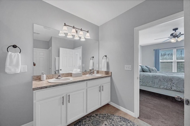 bathroom with vanity, tile patterned floors, and ceiling fan