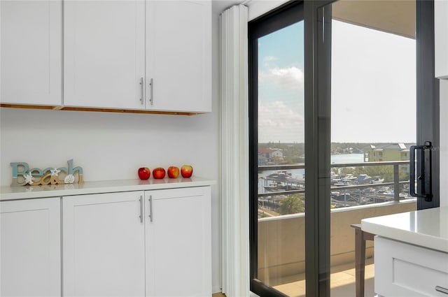 bar with white cabinets and a water view