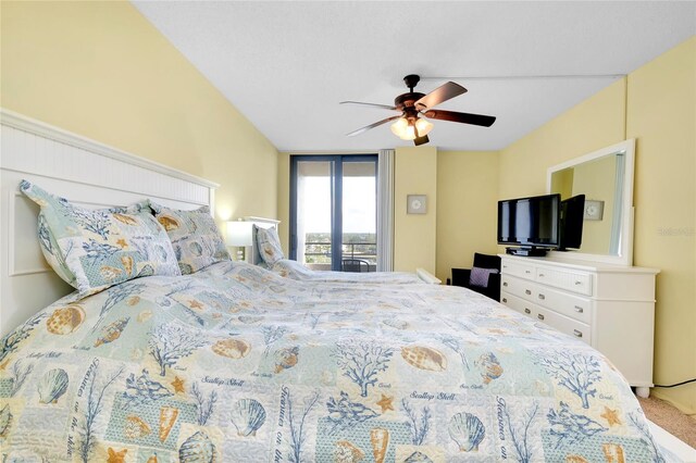 carpeted bedroom featuring ceiling fan and access to outside