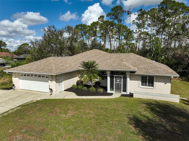 single story home featuring a garage and a front lawn