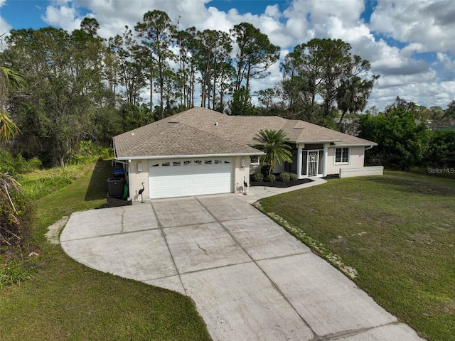 single story home with a garage, central AC unit, and a front yard