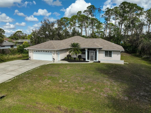 ranch-style home featuring a garage and a front yard