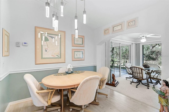 dining room featuring ceiling fan and light hardwood / wood-style floors