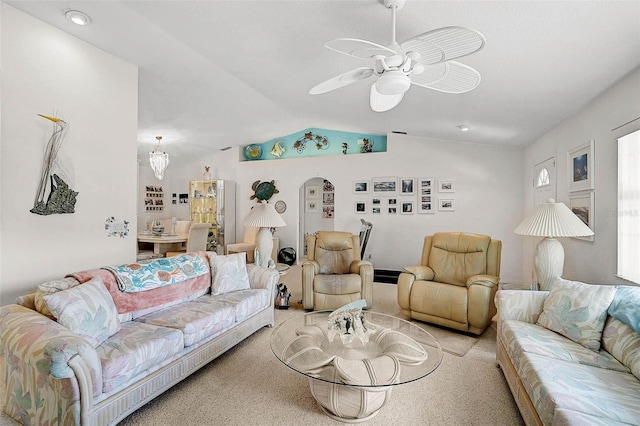 carpeted living room featuring lofted ceiling and ceiling fan