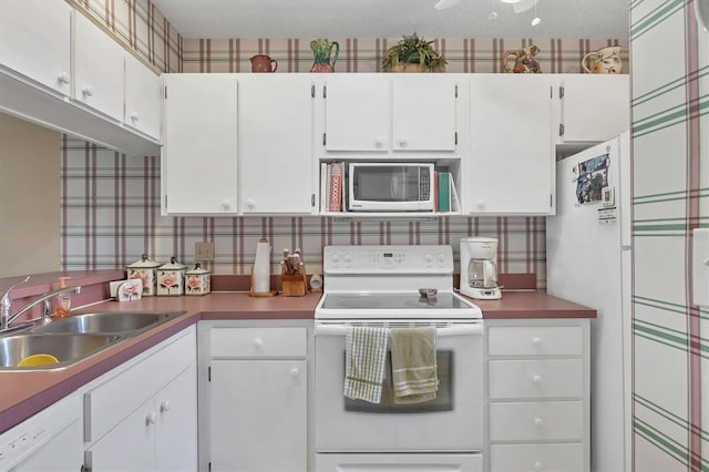 kitchen featuring sink, white appliances, and white cabinets